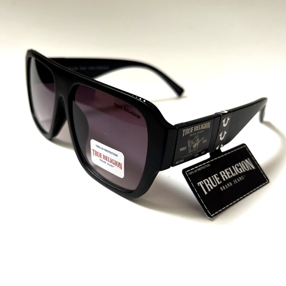 NWT Original TRUE RELIGION Square Sunglasses Classic Acetate Matte Black Logo - Picture 1 of 6